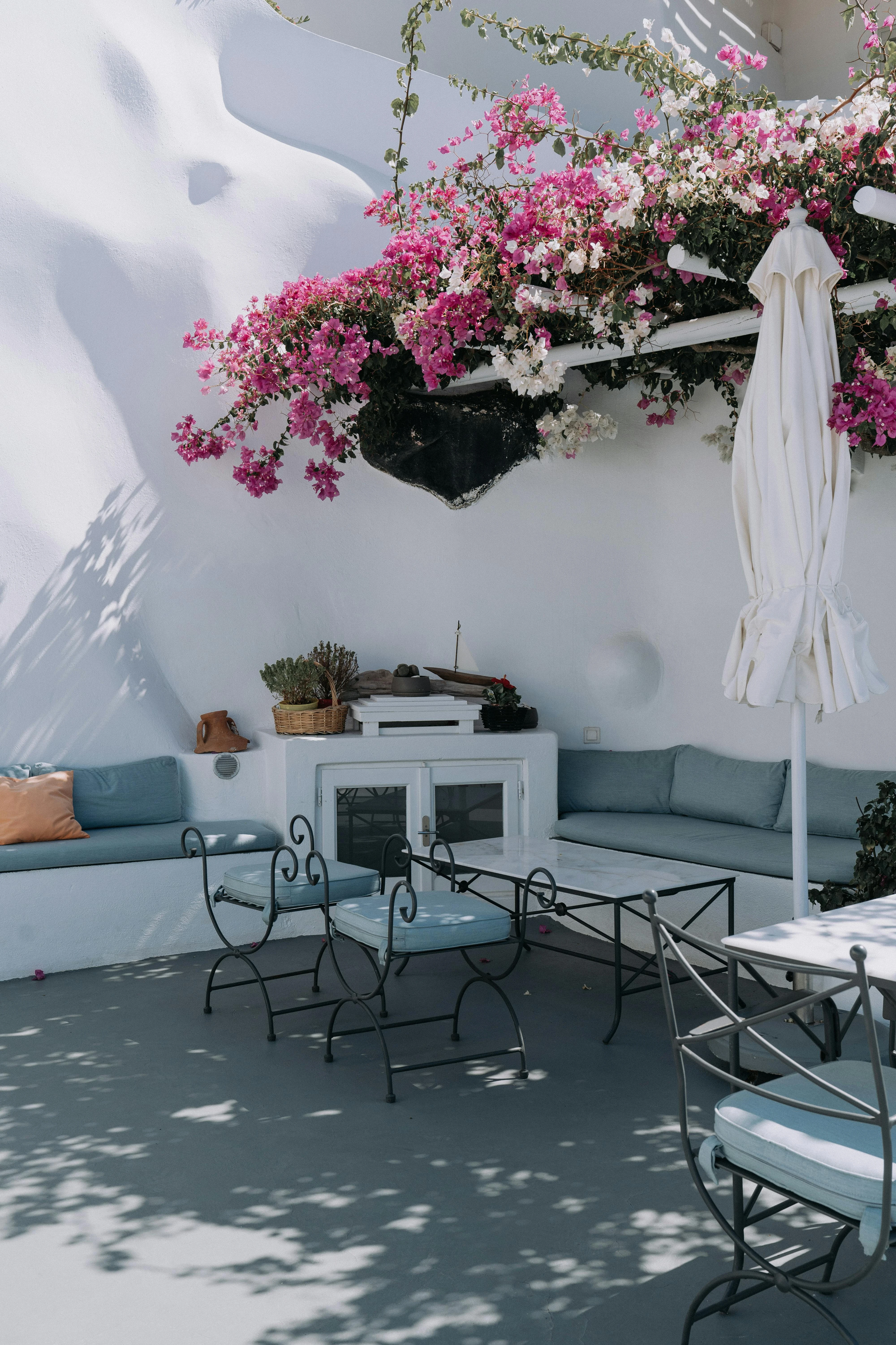 A stunning, lush green garden with a modern patio and comfortable seating